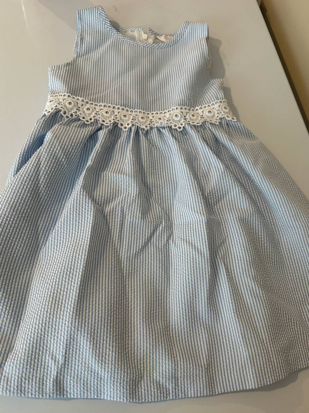 Classic Blue Seersucker Lace-Trim Girls Dress